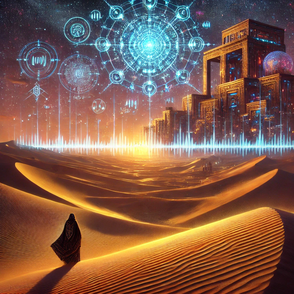 A surreal album cover for NeloticWaves' "Echoes of the Ancestors." The scene features a vast desert at twilight with golden sand dunes stretching into the horizon. Above the desert, a massive futuristic cityscape floats, glowing with neon blue and purple lights, blending ancient African architecture with cyberpunk-inspired elements. A glowing soundwave pattern ripples through the sand, as if music is shaping the landscape. In the foreground, a lone figure in a futuristic tribal robe stands before a glowing monolith covered in ancient African symbols and digital circuitry. The sky is filled with celestial patterns resembling constellations that subtly take the shape of soundwaves, reinforcing the connection between past and future. The overall aesthetic is mystical, futuristic, and deeply atmospheric.