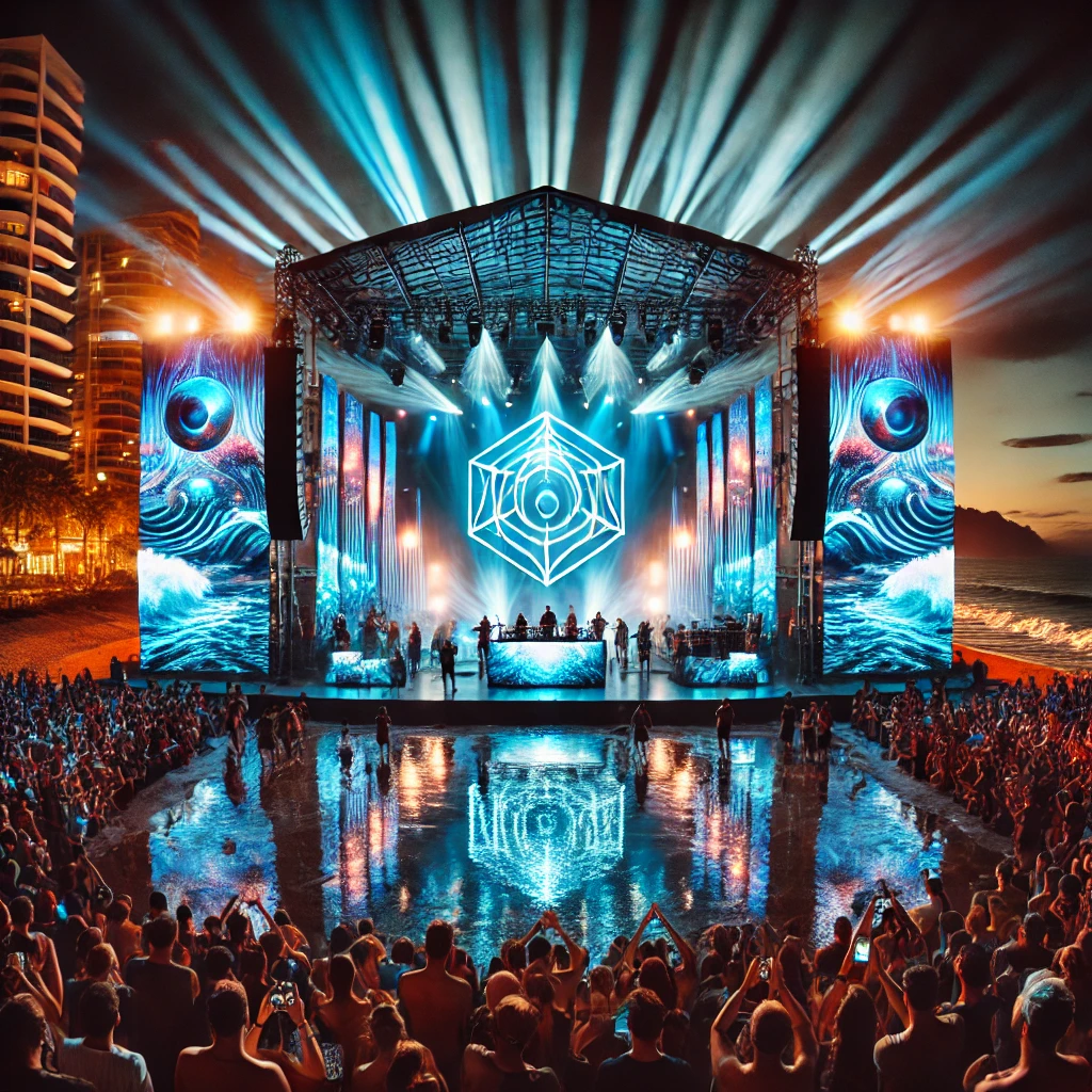 A breathtaking live concert scene featuring NeloticWaves performing on a grand oceanfront stage at night. The stage is illuminated with vibrant blue and purple lights, reflecting off the ocean waves in the background. A large crowd is seen enjoying the music, with some raising their hands and others dancing. The atmosphere is electric, capturing the essence of the event titled 'Rhythms of the Ocean.'