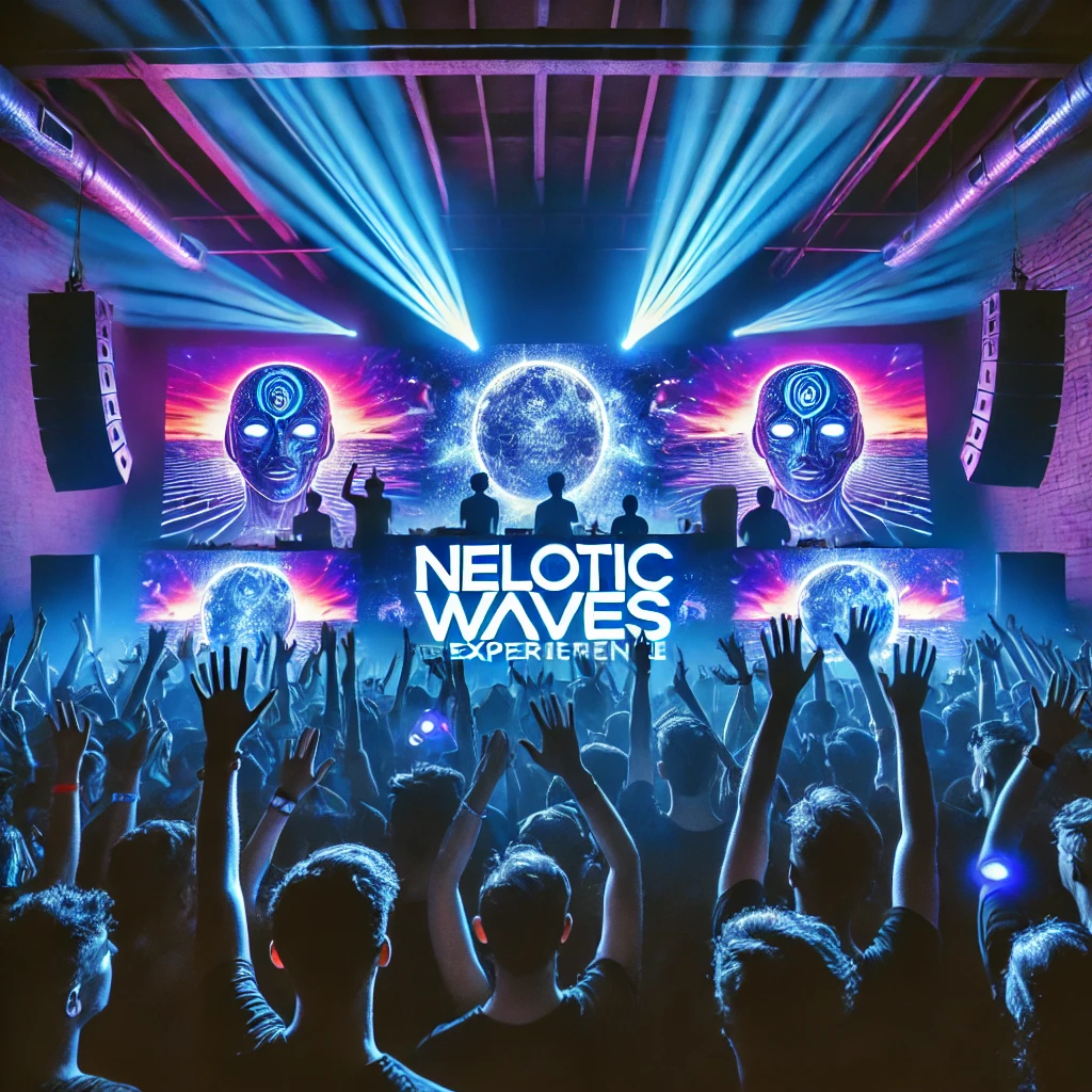A vibrant concert scene featuring NeloticWaves performing live at The Assembly, Cape Town, South Africa. The stage is illuminated with deep blue and neon purple lights, with an electrified crowd raising their hands in the air. The atmosphere is energetic, with immersive visuals on LED screens behind the artist. The event name 'Cape Town Soundwave Experience' is subtly integrated into the background visuals.