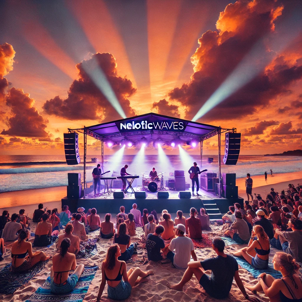 A stunning beachside concert at sunset featuring NeloticWaves. The stage is set on the sand, overlooking the ocean with vibrant orange and purple skies in the background. The crowd is enjoying the music, some dancing while others sit on blankets. The lighting on the stage creates a magical atmosphere, with spotlights illuminating the band. A relaxed yet energetic vibe fills the air, capturing the essence of a perfect sunset music session.
